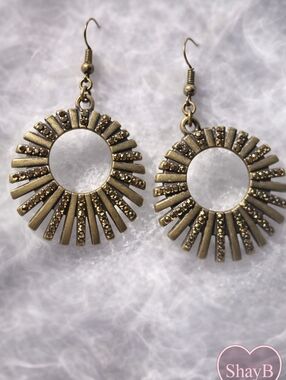 Brass Sunburst Hoop Drop Earrings